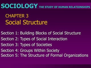THE STUDY OF HUMAN RELATIONSHIPS
SOCIOLOGY
CHAPTER 3
Social Structure
Section 1: Building Blocks of Social Structure
Section 2: Types of Social Interaction
Section 3: Types of Societies
Section 4: Groups Within Society
Section 5: The Structure of Formal Organizations
 