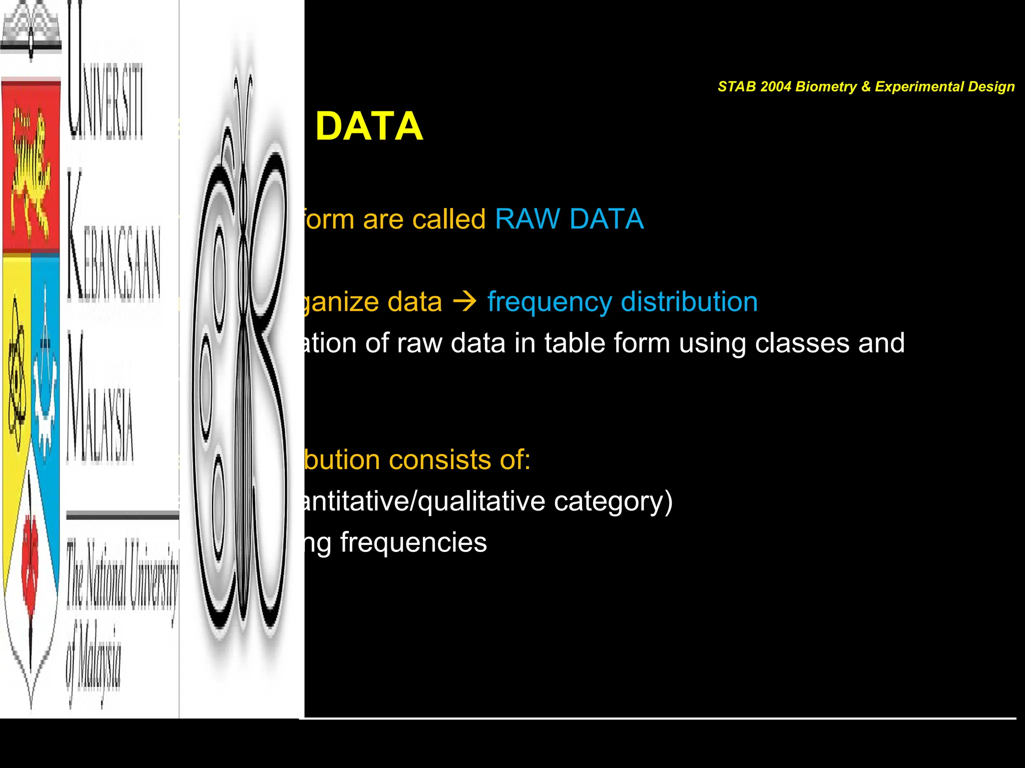 Organizing DATA
• Data in original form are called RAW DATA
• Researchers organize data  frequency distribution
– The organization of raw data in table form using classes and
frequencies
• Frequency distribution consists of:
– Classes (quantitative/qualitative category)
– Corresponding frequencies
STAB 2004 Biometry & Experimental Design
 