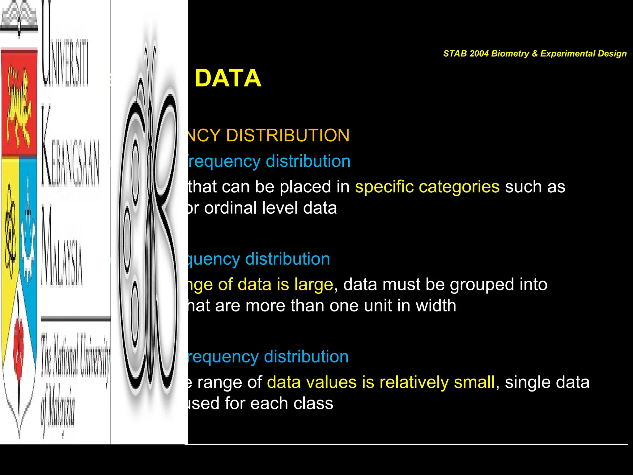 Organizing DATA
Types of FREQUENCY DISTRIBUTION
– Categorical frequency distribution
• For data that can be placed in specific categories such as
nominal or ordinal level data
– Grouped frequency distribution
• When range of data is large, data must be grouped into
classes that are more than one unit in width
– Ungrouped frequency distribution
• When the range of data values is relatively small, single data
value is used for each class
STAB 2004 Biometry & Experimental Design
 