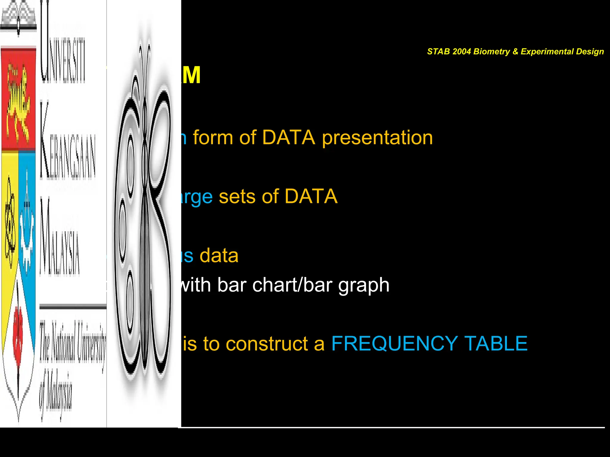 HISTOGRAM
• Most common form of DATA presentation
• Suitable for large sets of DATA
• For continuous data
– Compare with bar chart/bar graph
• The first step is to construct a FREQUENCY TABLE
STAB 2004 Biometry & Experimental Design
 