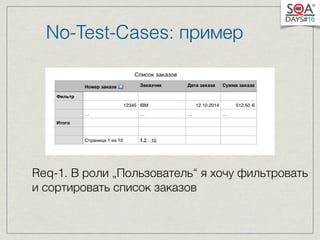 No-Test-Cases: пример 
! 
! 
! 
Req-1. В роли „Пользователь“ я хочу фильтровать 
и сортировать список заказов 
 