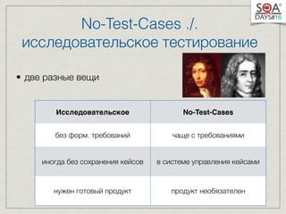 No-Test-Cases ./. 
исследовательское тестирование 
• две разные вещи 
Исследовательское No-Test-Cases 
без форм. требований чаще с требованиями 
иногда без сохранения кейсов в системе управления кейсами 
нужен готовый продукт продукт необязателен 
 