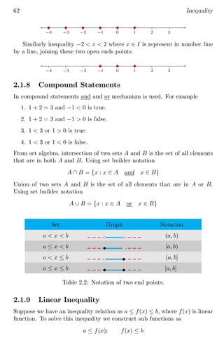 62 Inequality
−4 −3 −2 −1 0 1 2 3
b b b b b b
Similarly inequality −2  x  2 where x ∈ I is represent in number line
by a line, joining these two open ends points.
−4 −3 −2 −1 0 1 2 3
b b b
2.1.8 Compound Statements
In compound statements and and or mechanism is used. For example
1. 1 + 2 = 3 and −1  0 is true.
2. 1 + 2 = 3 and −1  0 is false.
3. 1  3 or 1  0 is true.
4. 1  3 or 1  0 is false.
From set algebra, intersection of two sets A and B is the set of all elements
that are in both A and B. Using set builder notation
A ∩ B = {x : x ∈ A and x ∈ B}
Union of two sets A and B is the set of all elements that are in A or B.
Using set builder notation
A ∪ B = {x : x ∈ A or x ∈ B}
Set Graph Notation
a  x  b (a, b)
a ≤ x  b [a, b)
a  x ≤ b (a, b]
a ≤ x ≤ b [a, b]
bc bc
b bc
bc b
b b
Table 2.2: Notation of two end points.
2.1.9 Linear Inequality
Suppose we have an inequality relation as a ≤ f(x) ≤ b, where f(x) is linear
function. To solve this inequality we construct sub functions as
a ≤ f(x); f(x) ≤ b
 