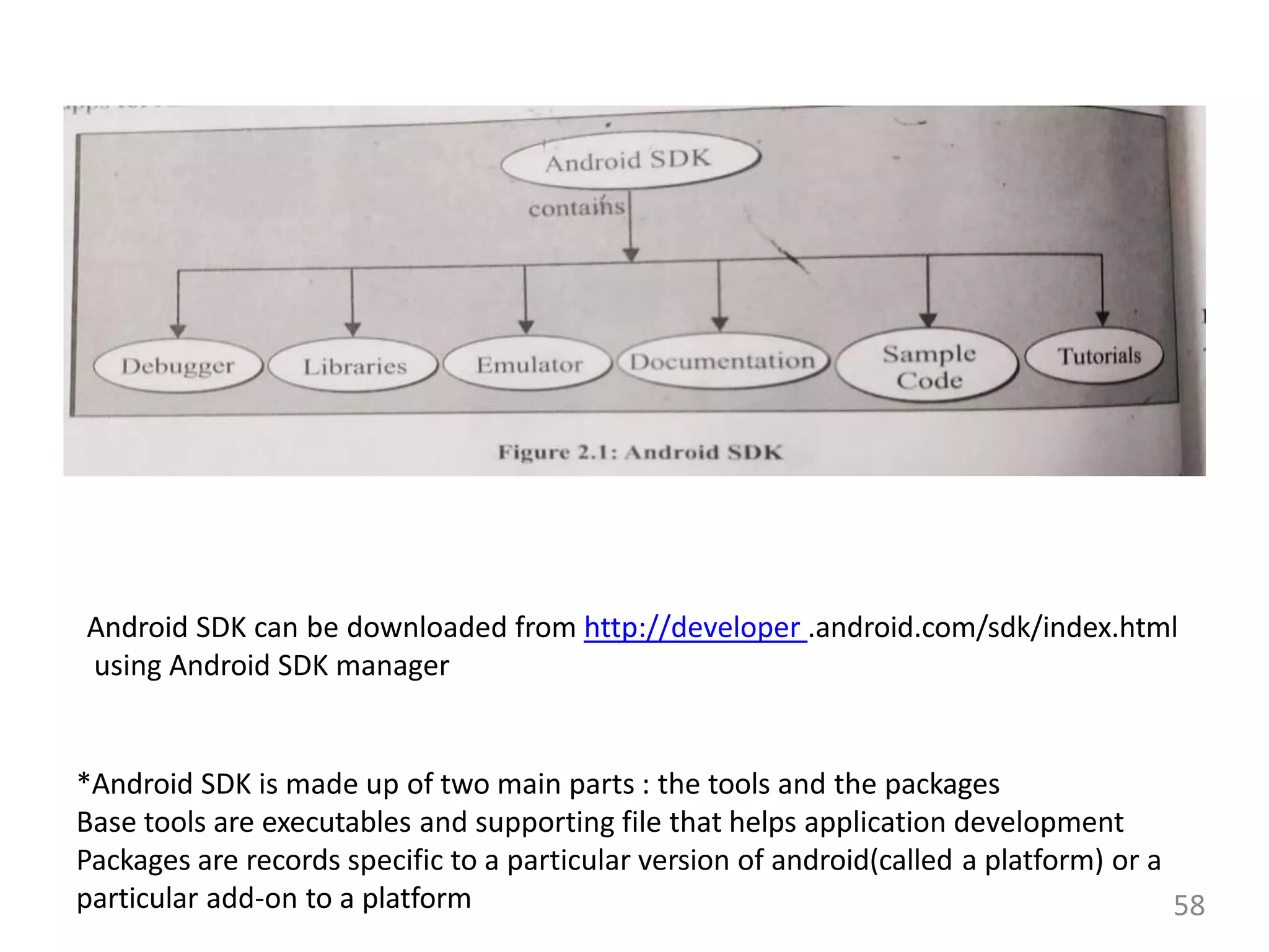 Android SDK can be downloaded from http://developer .android.com/sdk/index.html
using Android SDK manager
*Android SDK is made up of two main parts : the tools and the packages
Base tools are executables and supporting file that helps application development
Packages are records specific to a particular version of android(called a platform) or a
particular add-on to a platform 58
 