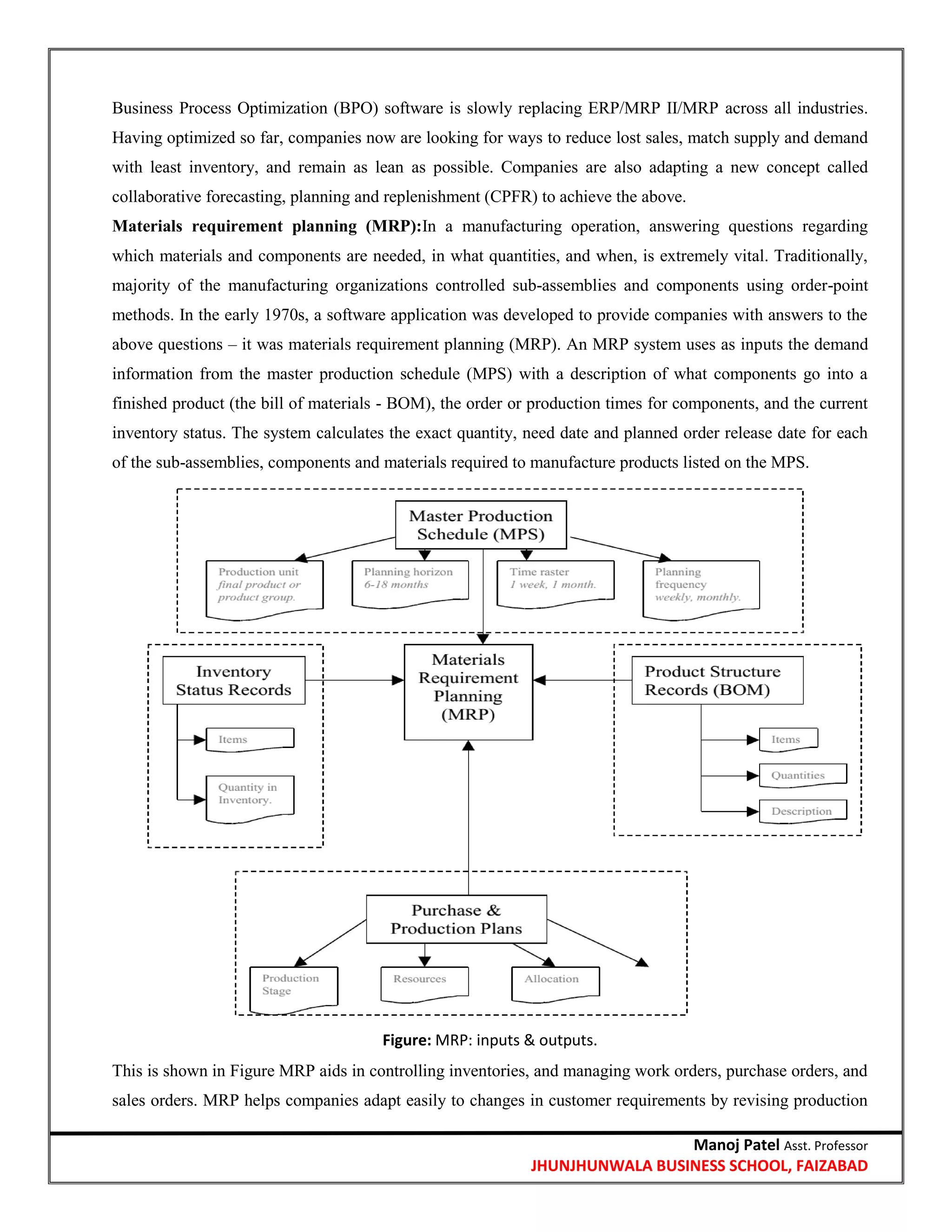 Manoj Patel Asst. Professor
JHUNJHUNWALA BUSINESS SCHOOL, FAIZABAD
Business Process Optimization (BPO) software is slowly replacing ERP/MRP II/MRP across all industries.
Having optimized so far, companies now are looking for ways to reduce lost sales, match supply and demand
with least inventory, and remain as lean as possible. Companies are also adapting a new concept called
collaborative forecasting, planning and replenishment (CPFR) to achieve the above.
Materials requirement planning (MRP):In a manufacturing operation, answering questions regarding
which materials and components are needed, in what quantities, and when, is extremely vital. Traditionally,
majority of the manufacturing organizations controlled sub-assemblies and components using order-point
methods. In the early 1970s, a software application was developed to provide companies with answers to the
above questions – it was materials requirement planning (MRP). An MRP system uses as inputs the demand
information from the master production schedule (MPS) with a description of what components go into a
finished product (the bill of materials - BOM), the order or production times for components, and the current
inventory status. The system calculates the exact quantity, need date and planned order release date for each
of the sub-assemblies, components and materials required to manufacture products listed on the MPS.
Figure: MRP: inputs & outputs.
This is shown in Figure MRP aids in controlling inventories, and managing work orders, purchase orders, and
sales orders. MRP helps companies adapt easily to changes in customer requirements by revising production
 