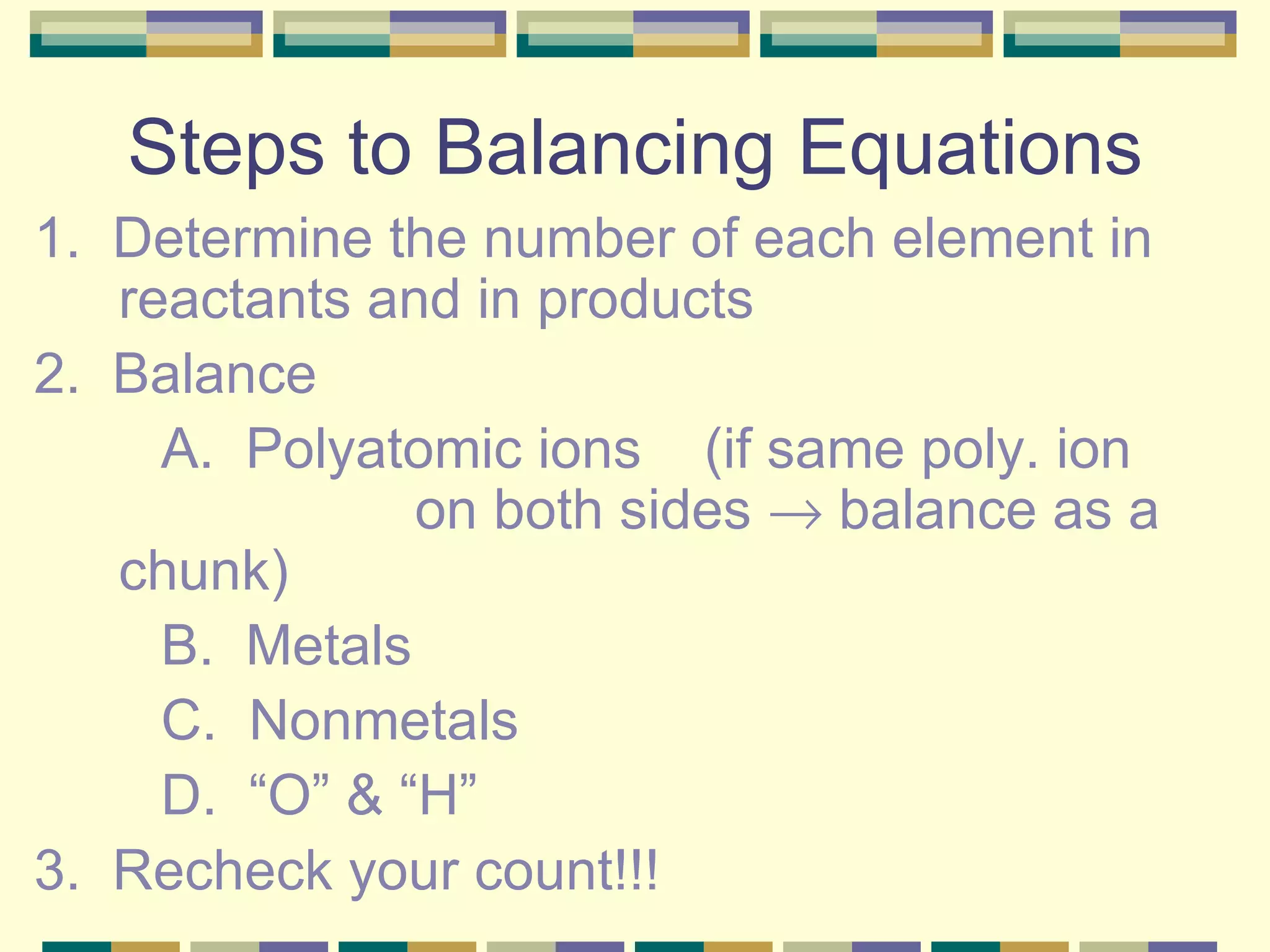 Steps to Balancing Equations 1.  Determine the number of each element in reactants and in products 2.  Balance A.  Polyatomic ions  (if same poly. ion    on both sides    balance as a chunk) B.  Metals C.  Nonmetals D.  “O” & “H” 3.  Recheck your count!!! 