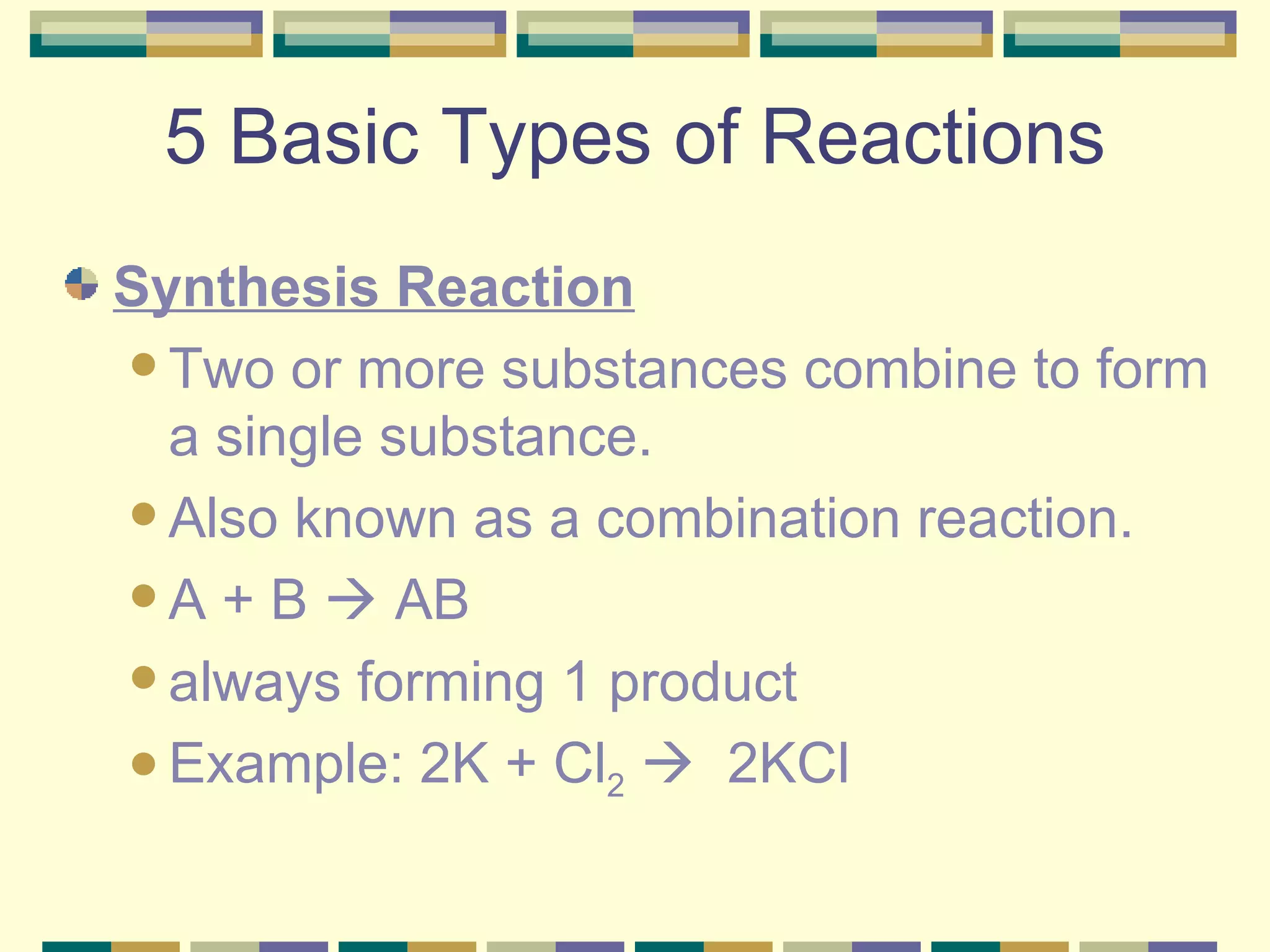 5 Basic Types of Reactions Synthesis Reaction Two or more substances combine to form a single substance.  Also known as a combination reaction. A + B    AB always forming 1 product Example: 2K + Cl 2      2KCl 