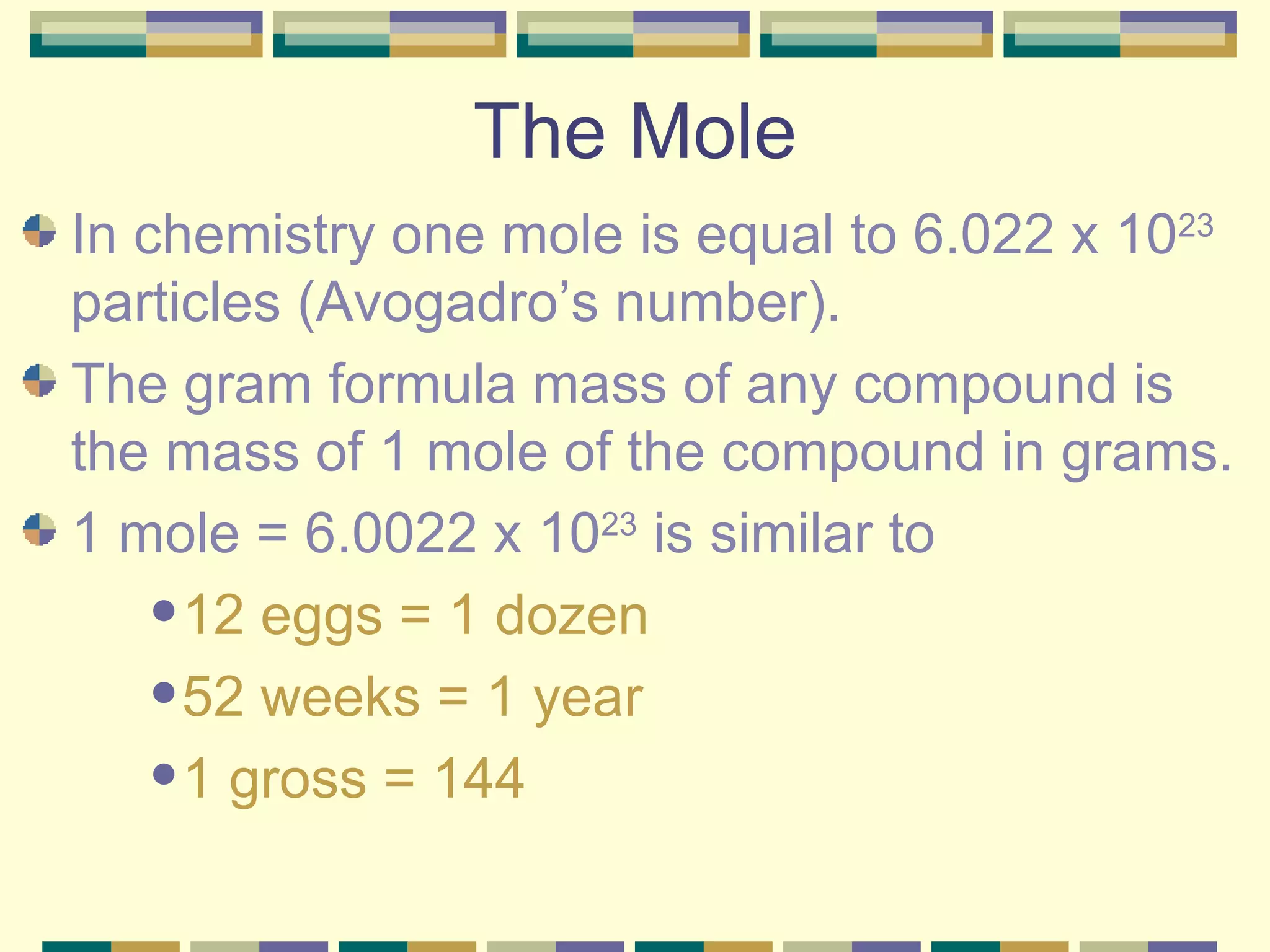 The Mole In chemistry one mole is equal to 6.022 x 10 23  particles (Avogadro’s number). The gram formula mass of any compound is the mass of 1 mole of the compound in grams. 1 mole = 6.0022 x 10 23  is similar to  12 eggs = 1 dozen 52 weeks = 1 year 1 gross = 144 