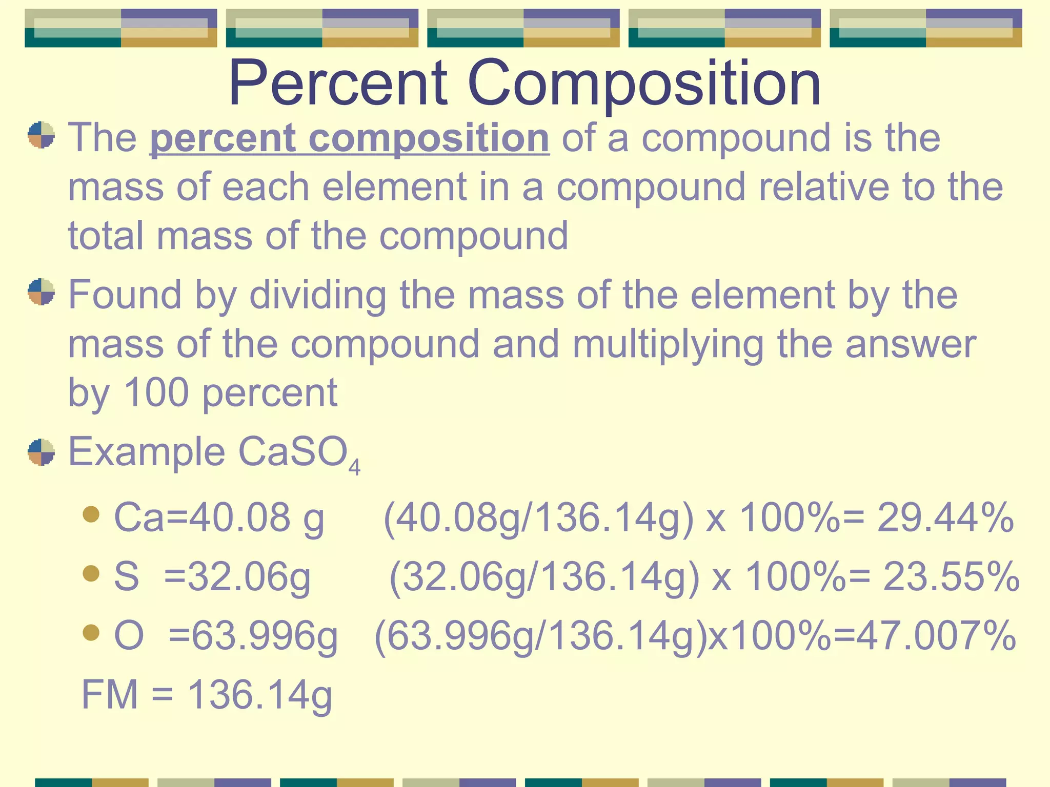 Percent Composition The  percent composition  of a compound is the mass of each element in a compound relative to the total mass of the compound Found by dividing the mass of the element by the mass of the compound and multiplying the answer by 100 percent Example CaSO 4 Ca=40.08 g  (40.08g/136.14g) x 100%= 29.44% S  =32.06g   (32.06g/136.14g) x 100%= 23.55% O  =63.996g  (63.996g/136.14g)x100%=47.007% FM = 136.14g 