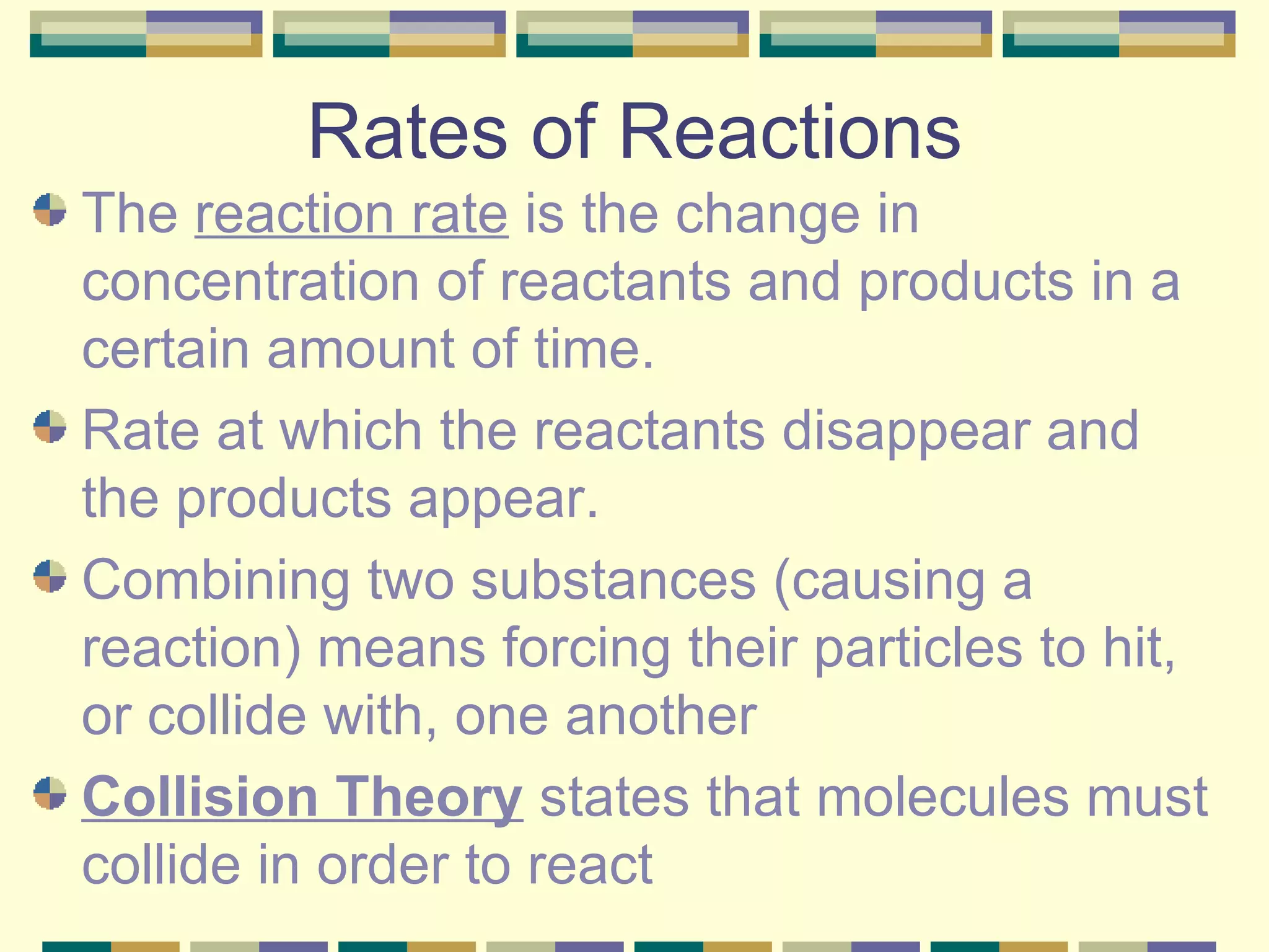 Rates of Reactions The  reaction rate  is the change in concentration of reactants and products in a certain amount of time. Rate at which the reactants disappear and the products appear. Combining two substances (causing a reaction) means forcing their particles to hit, or collide with, one another Collision Theory  states that molecules must collide in order to react 