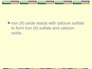 iron (II) oxide reacts with calcium sulfate to form iron (II) sulfate and calcium oxide.  