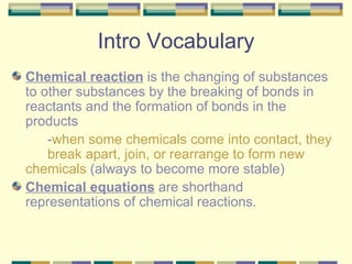 Intro Vocabulary Chemical reaction  is the changing of substances to other substances by the breaking of bonds in reactants and the formation of bonds in the products - when some chemicals come into contact, they  break apart, join, or rearrange to form new  chemicals  (always to become more stable) Chemical equations  are shorthand representations of chemical reactions. 