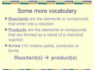 Some more vocabulary Reactants  are the elements or compounds that enter into a reaction Products  are the elements or compounds that are formed as a result of a chemical reaction Arrow  (  ) means yields, produces or forms Reactant(s)    product(s) 