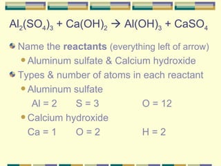 Al 2 (SO 4 ) 3  + Ca(OH) 2     Al(OH) 3  + CaSO 4 Name the  reactants   (everything left of arrow) Aluminum sulfate & Calcium hydroxide Types & number of atoms in each reactant Aluminum sulfate  Al = 2 S = 3 O = 12 Calcium hydroxide Ca = 1  O = 2 H = 2 