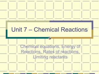 Unit 7 – Chemical Reactions Chemical equations, Energy of Reactions, Rates of reactions, Limiting reactants 