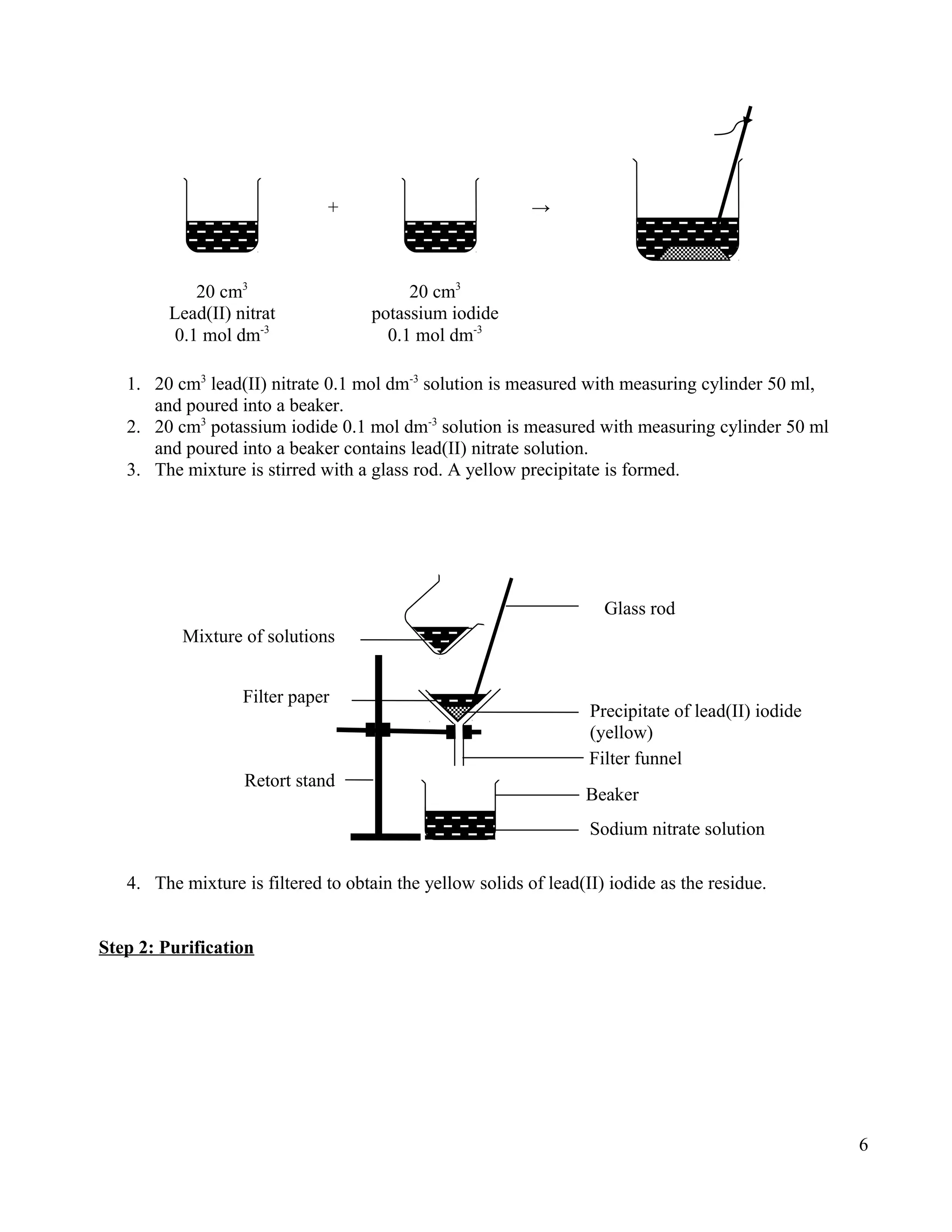 1. 20 cm3
lead(II) nitrate 0.1 mol dm-3
solution is measured with measuring cylinder 50 ml,
and poured into a beaker.
2. 20 cm3
potassium iodide 0.1 mol dm-3
solution is measured with measuring cylinder 50 ml
and poured into a beaker contains lead(II) nitrate solution.
3. The mixture is stirred with a glass rod. A yellow precipitate is formed.
4. The mixture is filtered to obtain the yellow solids of lead(II) iodide as the residue.
Step 2: Purification
6
+ →
20 cm3
Lead(II) nitrat
0.1 mol dm-3
20 cm3
potassium iodide
0.1 mol dm-3
Glass rod
Precipitate of lead(II) iodide
(yellow)
Sodium nitrate solution
Mixture of solutions
Filter funnel
Filter paper
Retort stand
Beaker
 