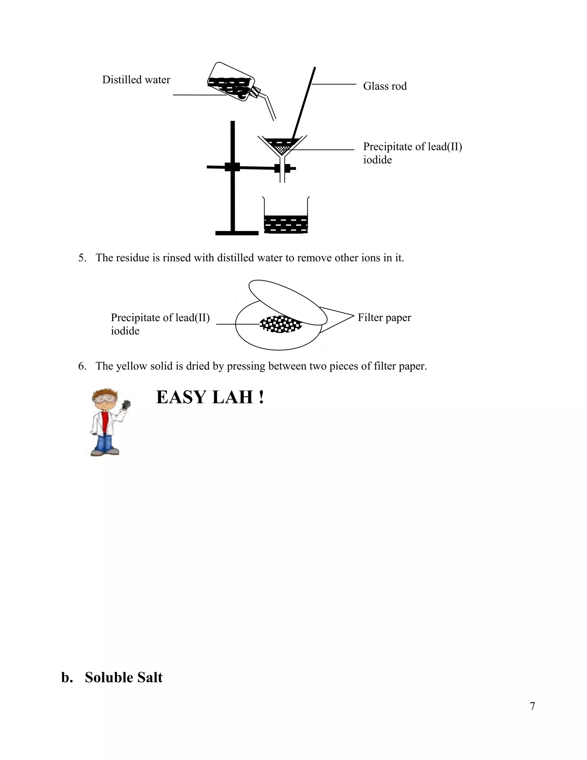 5. The residue is rinsed with distilled water to remove other ions in it.
6. The yellow solid is dried by pressing between two pieces of filter paper.
EASY LAH !
b. Soluble Salt
7
Glass rod
Distilled water
Precipitate of lead(II)
iodide
Precipitate of lead(II)
iodide
Filter paper
 