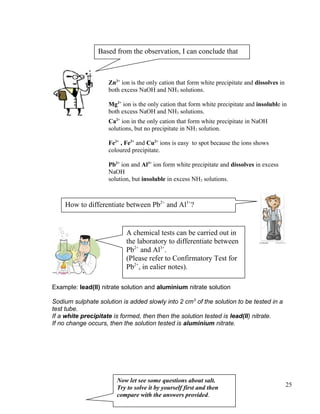 Zn2+
ion is the only cation that form white precipitate and dissolves in
both excess NaOH and NH3 solutions.
Mg2+
ion is the only cation that form white precipitate and insoluble in
both excess NaOH and NH3 solutions.
Ca2+
ion in the only cation that form white precipitate in NaOH
solutions, but no precipitate in NH3 solution.
Fe2+
, Fe3+
and Cu2+
ions is easy to spot because the ions shows
coloured precipitate.
Pb2+
ion and Al3+
ion form white precipitate and dissolves in excess
NaOH
solution, but insoluble in excess NH3 solutions.
Example: lead(II) nitrate solution and aluminium nitrate solution
Sodium sulphate solution is added slowly into 2 cm3
of the solution to be tested in a
test tube.
If a white precipitate is formed, then then the solution tested is lead(II) nitrate.
If no change occurs, then the solution tested is aluminium nitrate.
25
Based from the observation, I can conclude that
How to differentiate between Pb2+
and Al3+
?
A chemical tests can be carried out in
the laboratory to differentiate between
Pb2+
and Al3+
.
(Please refer to Confirmatory Test for
Pb2+
, in ealier notes).
Now let see some questions about salt.
Try to solve it by yourself first and then
compare with the answers provided.
 