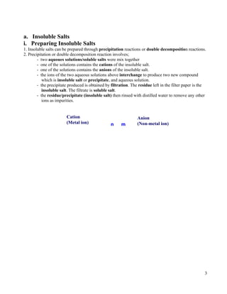 a. Insoluble Salts
i. Preparing Insoluble Salts
1. Insoluble salts can be prepared through precipitation reactions or double decomposition reactions.
2. Precipitation or double decomposition reaction involves;
- two aquoues solutions/soluble salts were mix together
- one of the solutions contains the cations of the insoluble salt.
- one of the solutions contains the anions of the insoluble salt.
- the ions of the two aqueous solutions above interchange to produce two new compound
which is insoluble salt or precipitate, and aqueous solution.
- the precipitate produced is obtained by filtration. The residue left in the filter paper is the
insoluble salt. The filtrate is soluble salt.
- the residue/precipitate (insoluble salt) then rinsed with distilled water to remove any other
ions as impurities.
3
Anion
(Non-metal ion)
Cation
(Metal ion) nn mm
 