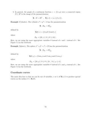 3. In general, the graph of a continuous function z = f(x, y) over a connected region
D ⇢ R2
is the image of the parametrization
X : D ! R3
, X(s, t) = (s, t, f(s, t)) .
Example (Cylinder). The cylinder x2
+ y2
= 4 has the parametrization
X : D✓z ! R3
xyz
deﬁned by
X(✓, z) = (2 cos ✓, 2 sin ✓, z)
where
D✓z = {(✓, z) | 0  ✓  2⇡} .
Here, we are using the more appropriate variables ✓ instead of s and z instead of t. See
Figure 7.4 in the textbook.
Example (Sphere). The sphere x2
+ y2
+ z2
= 25 has the parametrization
X : D✓' ! R3
xyz
deﬁned by
X(✓, ') = (5 sin ' cos ✓, 5 sin ' sin ✓, 5 cos ')
where
D✓' = {(✓, ') | 0  ✓  2⇡ , 0  '  ⇡} .
Here, we are using the more appropriate variables ✓ instead of s and ' instead of t. See
Figure 7.3 in the textbook.
Coordinate curves
The main idea here is that we can ﬁx one of variables, s or t, of X(s, t) to produce special
curves on the surface S = X(D).
54
 