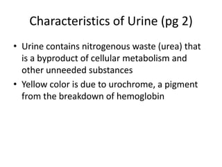Characteristics of Urine (pg 2)
• Urine contains nitrogenous waste (urea) that
is a byproduct of cellular metabolism and
other unneeded substances
• Yellow color is due to urochrome, a pigment
from the breakdown of hemoglobin
 