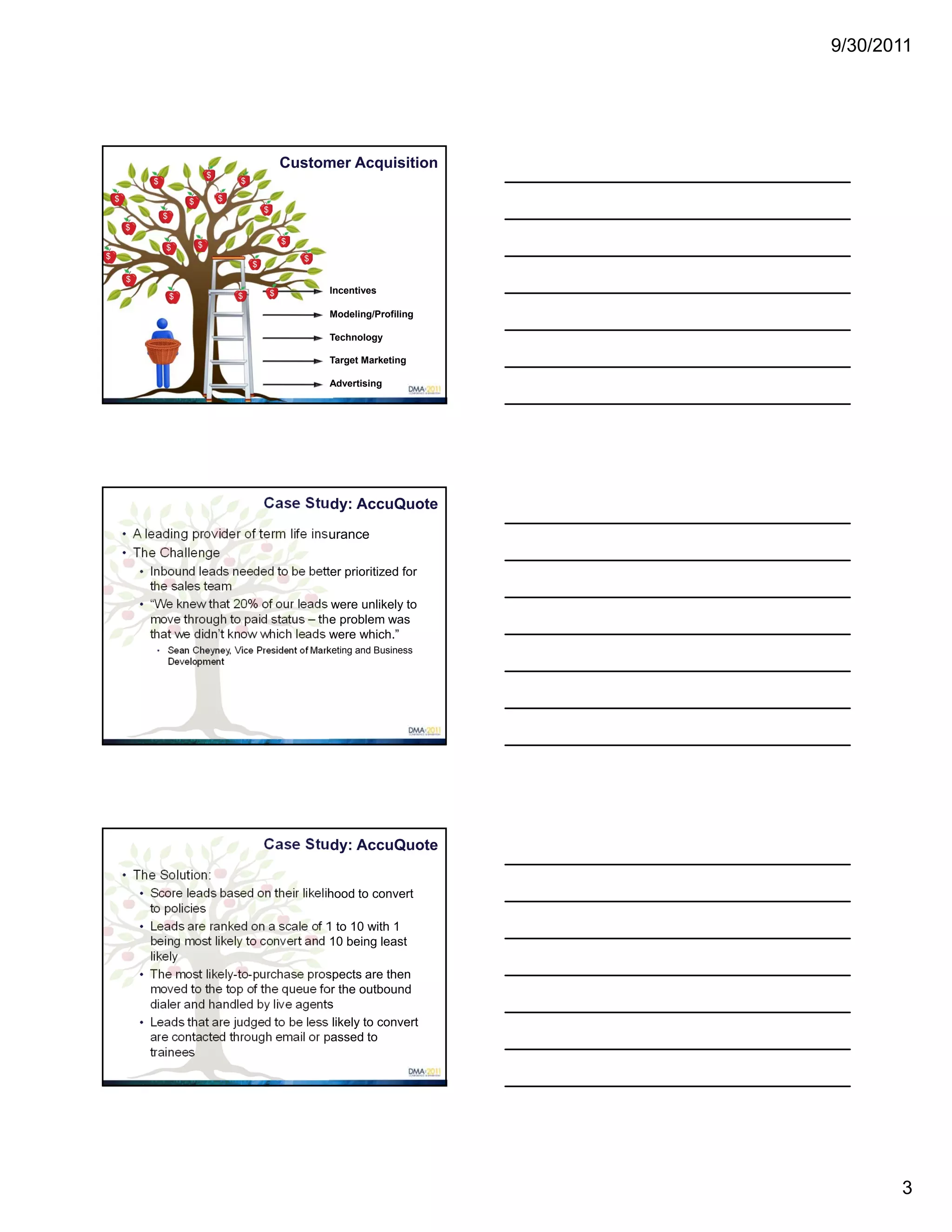 9/30/2011




                                                         Customer Acquisition
                                 $
             $                           $

    $                    $           $
                                                 $
                 $
        $

                             $                           $
                 $
$                                                            $
                                             $
        $
                                                     $           Incentives
                     $                   $

                                                                 Modeling/Profiling

                                                                 Technology

                                                                 Target Marketing

                                                                 Advertising




                                                 Case Study: AccuQuote
        • A leading provider of term life insurance
        • The Challenge
           • Inbound leads needed to be better prioritized for
             the sales team
           • “We knew that 20% of our leads were unlikely to
             move through to paid status – the problem was
             that we didn’t know which leads were which.”
              • Sean Cheyney, Vice President of Marketing and Business
                     Development




                                                 Case Study: AccuQuote
        • The Solution:
           • Score leads based on their likelihood to convert
             to policies
           • Leads are ranked on a scale of 1 to 10 with 1
             being most likely to convert and 10 being least
             likely
           • The most likely-to-purchase prospects are then
             moved to the top of the queue for the outbound
             dialer and handled by live agents
           • Leads that are judged to be less likely to convert
             are contacted through email or passed to
             trainees




                                                                                             3
 