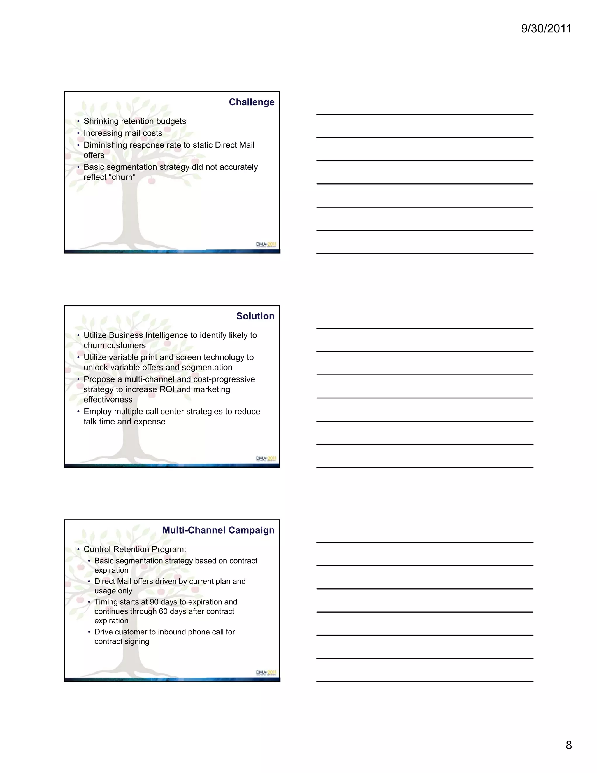 9/30/2011




                                            Challenge
• Shrinking retention budgets
• Increasing mail costs
• Diminishing response rate to static Direct Mail
 offers
• Basic segmentation strategy did not accurately
 reflect “churn”




                                              Solution
• Utilize Business Intelligence to identify likely to
 churn customers
• Utilize variable print and screen technology to
 unlock variable offers and segmentation
• Propose a multi-channel and cost-progressive
  strategy to increase ROI and marketing
  effectiveness
• Employ multiple call center strategies to reduce
  talk time and expense




                         Multi-Channel Campaign
• Control Retention Program:
   • Basic segmentation strategy based on contract
     expiration
   • Direct Mail offers driven by current plan and
     usage only
   • Timing starts at 90 days to expiration and
     continues through 60 days after contract
     expiration
   • Drive customer to inbound phone call for
     contract signing




                                                                8
 