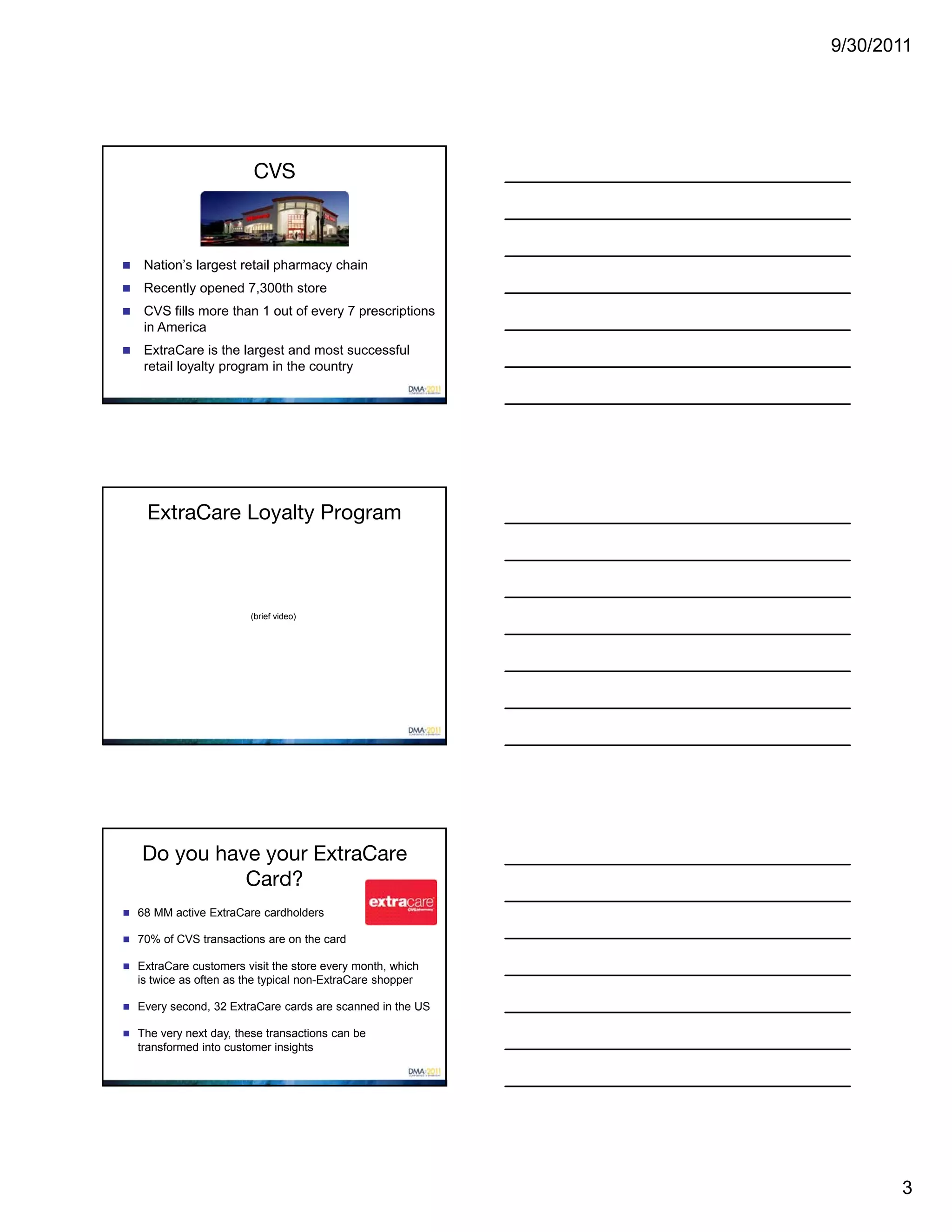 9/30/2011




                          CVS



    Nation’s largest retail pharmacy chain
    Recently opened 7,300th store
    CVS fills more than 1 out of every 7 prescriptions
     in America
    ExtraCare is the largest and most successful
     retail loyalty program in the country




     ExtraCare Loyalty Program



                          (brief video)




    Do you have your ExtraCare
              Card?
 68 MM active ExtraCare cardholders

 70% of CVS transactions are on the card

 ExtraCare customers visit the store every month, which
    is twice as often as the typical non-ExtraCare shopper

 Every second, 32 ExtraCare cards are scanned in the US

 The very next day, these transactions can be
    transformed into customer insights




                                                                    3
 