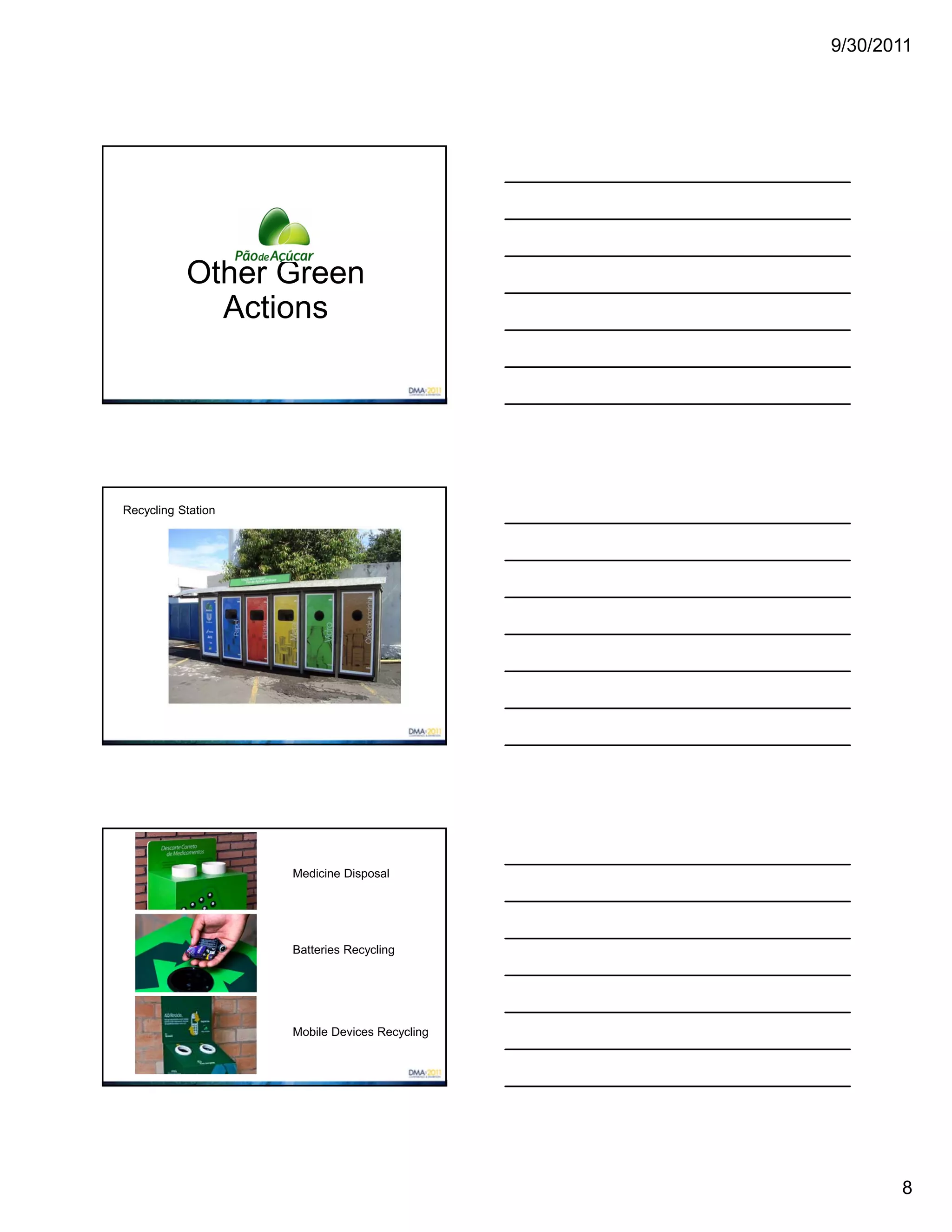 9/30/2011




           Other Green
             Actions




Recycling Station




                    Medicine Disposal




                    Batteries Recycling




                    Mobile Devices Recycling




                                                      8
 