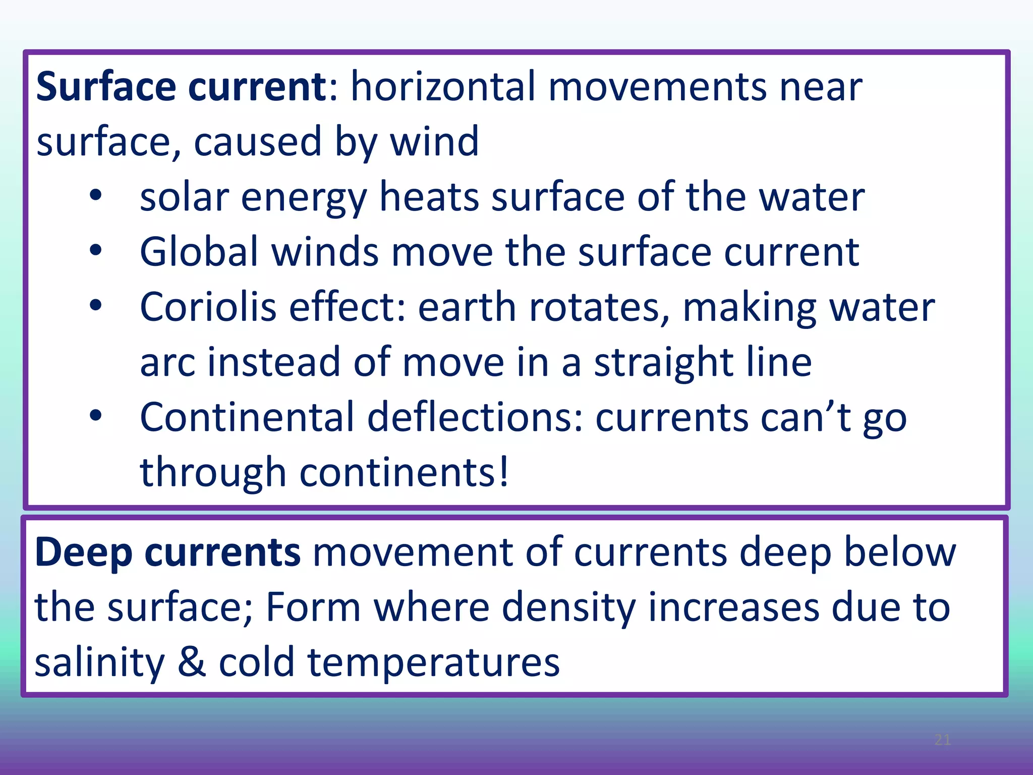 Surface current: horizontal movements near
surface, caused by wind
• solar energy heats surface of the water
• Global winds move the surface current
• Coriolis effect: earth rotates, making water
arc instead of move in a straight line
• Continental deflections: currents can’t go
through continents!
Deep currents movement of currents deep below
the surface; Form where density increases due to
salinity & cold temperatures
21
 