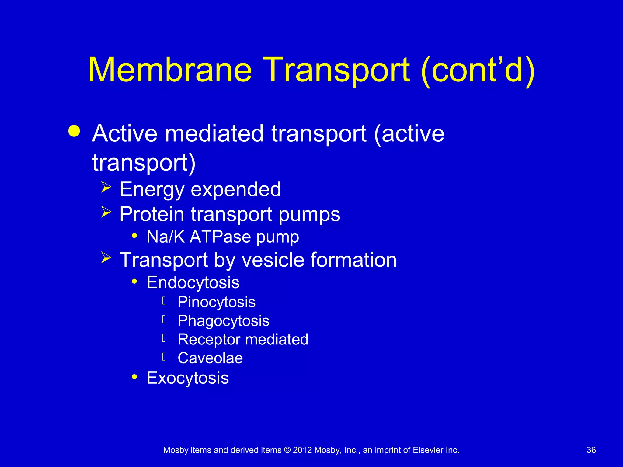 Mosby items and derived items © 2012 Mosby, Inc., an imprint of Elsevier Inc. 36
Membrane Transport (cont’d)
 Active mediated transport (active
transport)
 Energy expended
 Protein transport pumps
• Na/K ATPase pump
 Transport by vesicle formation
• Endocytosis
 Pinocytosis
 Phagocytosis
 Receptor mediated
 Caveolae
• Exocytosis
 