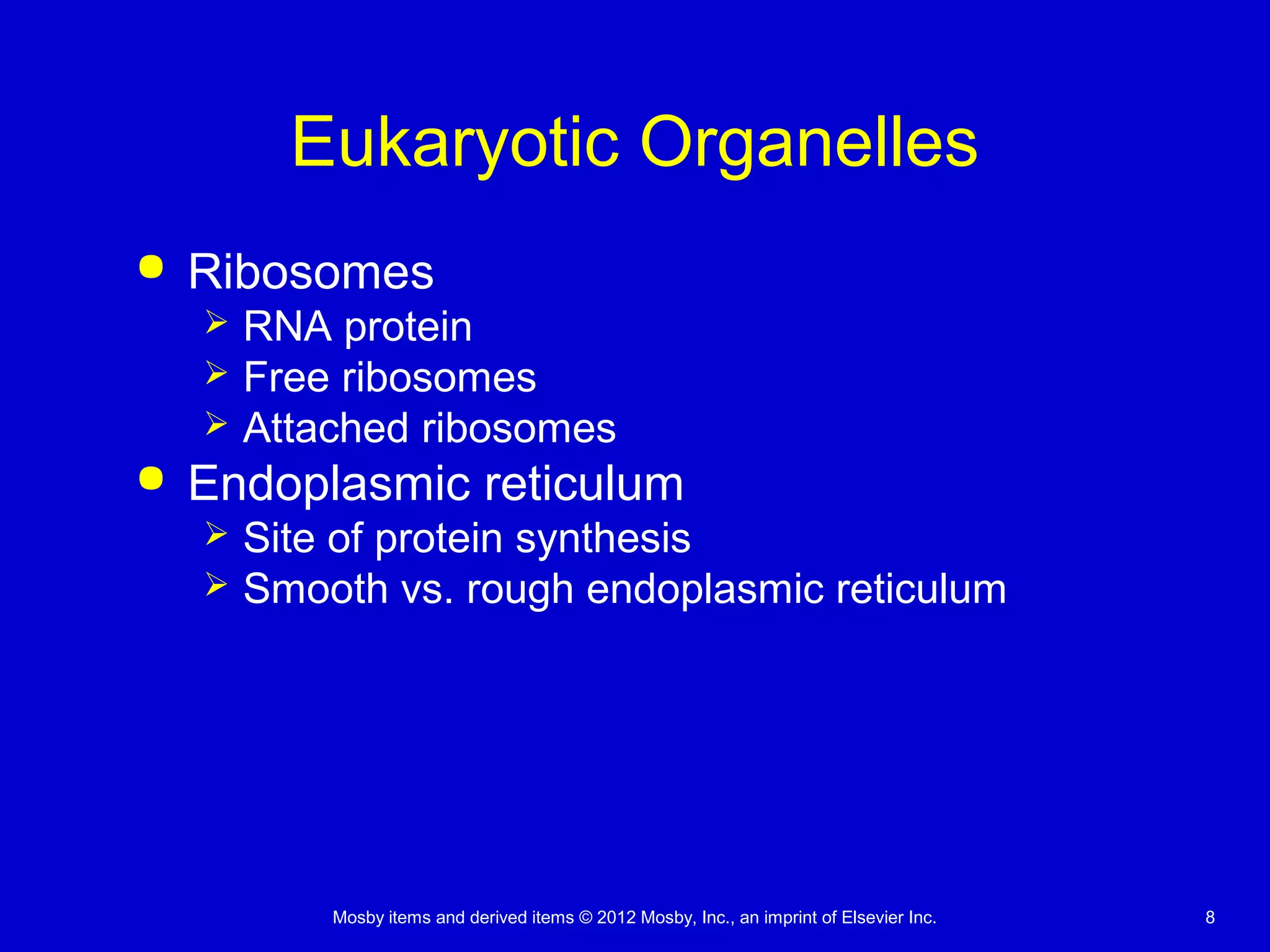 Mosby items and derived items © 2012 Mosby, Inc., an imprint of Elsevier Inc. 8
Eukaryotic Organelles
 Ribosomes
 RNA protein
 Free ribosomes
 Attached ribosomes
 Endoplasmic reticulum
 Site of protein synthesis
 Smooth vs. rough endoplasmic reticulum
 