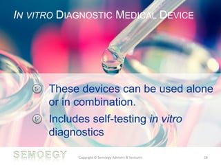 IN VITRO DIAGNOSTIC MEDICAL DEVICE
Copyright © Semoegy Advisers & Ventures 28
• These devices can be used alone
or in combination.
• Includes self-testing in vitro
diagnostics
 