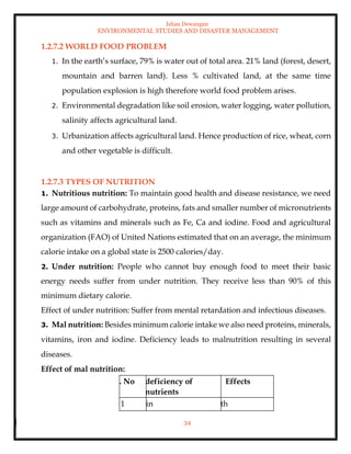 Ishan Dewangan
ENVIRONMENTAL STUDIES AND DISASTER MANAGEMENT
34
1.2.7.2 WORLD FOOD PROBLEM
1. In the earth’s surface, 79% is water out of total area. 21% land (forest, desert,
mountain and barren land). Less % cultivated land, at the same time
population explosion is high therefore world food problem arises.
2. Environmental degradation like soil erosion, water logging, water pollution,
salinity affects agricultural land.
3. Urbanization affects agricultural land. Hence production of rice, wheat, corn
and other vegetable is difficult.
1.2.7.3 TYPES OF NUTRITION
1. Nutritious nutrition: To maintain good health and disease resistance, we need
large amount of carbohydrate, proteins, fats and smaller number of micronutrients
such as vitamins and minerals such as Fe, Ca and iodine. Food and agricultural
organization (FAO) of United Nations estimated that on an average, the minimum
calorie intake on a global state is 2500 calories/day.
2. Under nutrition: People who cannot buy enough food to meet their basic
energy needs suffer from under nutrition. They receive less than 90% of this
minimum dietary calorie.
Effect of under nutrition: Suffer from mental retardation and infectious diseases.
3. Mal nutrition: Besides minimum calorie intake we also need proteins, minerals,
vitamins, iron and iodine. Deficiency leads to malnutrition resulting in several
diseases.
Effect of mal nutrition:
. No deficiency of
nutrients
Effects
1 in th
 
