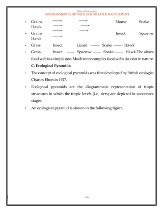 Ishan Dewangan
ENVIRONMENTAL STUDIES AND DISASTER MANAGEMENT
60
• Grains Mouse Snake
Hawk
• Grains Insect Sparrow
Hawk
• Grass Insect Lizard Snake Hawk
• Grass Insect Sparrow Snake Hawk The above
food web is a simple one. Much more complex food webs do exist in nature.
C. Ecological Pyramids:
• The concept of ecological pyramids was first developed by British ecologist
Charles Elton in 1927.
• Ecological pyramids are the diagrammatic representation of tropic
structures in which the tropic levels (i.e., tiers) are depicted in successive
stages.
• An ecological pyramid is shown in the following figure.
 