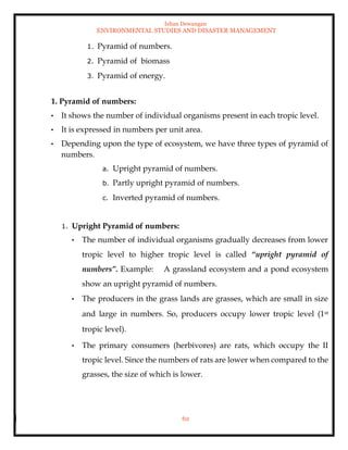 Ishan Dewangan
ENVIRONMENTAL STUDIES AND DISASTER MANAGEMENT
62
1. Pyramid of numbers.
2. Pyramid of biomass
3. Pyramid of energy.
1. Pyramid of numbers:
• It shows the number of individual organisms present in each tropic level.
• It is expressed in numbers per unit area.
• Depending upon the type of ecosystem, we have three types of pyramid of
numbers.
a. Upright pyramid of numbers.
b. Partly upright pyramid of numbers.
c. Inverted pyramid of numbers.
1. Upright Pyramid of numbers:
• The number of individual organisms gradually decreases from lower
tropic level to higher tropic level is called “upright pyramid of
numbers”. Example: A grassland ecosystem and a pond ecosystem
show an upright pyramid of numbers.
• The producers in the grass lands are grasses, which are small in size
and large in numbers. So, producers occupy lower tropic level (1st
tropic level).
• The primary consumers (herbivores) are rats, which occupy the II
tropic level. Since the numbers of rats are lower when compared to the
grasses, the size of which is lower.
 