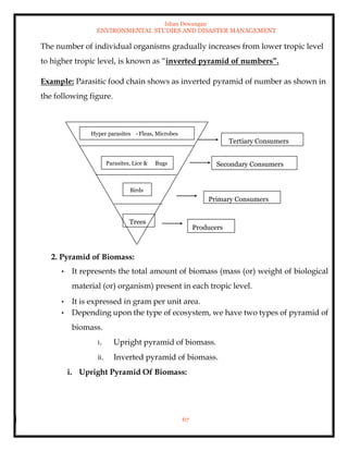 Ishan Dewangan
ENVIRONMENTAL STUDIES AND DISASTER MANAGEMENT
67
The number of individual organisms gradually increases from lower tropic level
to higher tropic level, is known as “inverted pyramid of numbers”.
Example: Parasitic food chain shows as inverted pyramid of number as shown in
the following figure.
2. Pyramid of Biomass:
• It represents the total amount of biomass (mass (or) weight of biological
material (or) organism) present in each tropic level.
• It is expressed in gram per unit area.
• Depending upon the type of ecosystem, we have two types of pyramid of
biomass.
i. Upright pyramid of biomass.
ii. Inverted pyramid of biomass.
i. Upright Pyramid Of Biomass:
Producers
Primary Consumers
Secondary Consumers
Tertiary Consumers
Trees
Birds
Parasites, Lice & Bugs
Hyper parasites - Fleas, Microbes
 