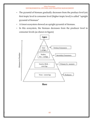 Ishan Dewangan
ENVIRONMENTAL STUDIES AND DISASTER MANAGEMENT
68
• The pyramid of biomass gradually decreases from the produce level (or)
first tropic level to consumer level (higher tropic level) is called “upright
pyramid of biomass”
• A forest ecosystem showed an upright pyramid of biomass.
• In this ecosystem, the biomass decreases from the producer level to
consumer levels (as shown in figure)
Tertiary Consumers
Secondary Consumers
Primary Co nsumers
Producers
Lion-
10 kgs
Snakes,
fox- 1 kgs
00
Insects, Birds -
1000 kgs
Trees - 10000 kgs
Apex
Base
 