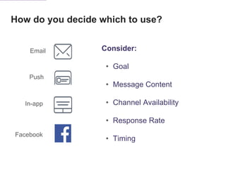 When to Use Email
Push
In-app
Email
FB
Goal: Emails can be used to drive
interactions in any channel. The more
complicated...