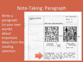 Note-Taking: Paragraph Write a paragraph  (in your own words)  about Important Ideas from the reading selection 