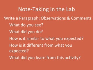 Note-Taking in the Lab Write a Paragraph: Observations & Comments What do you see? What did you do? How is it similar to what you expected? How is it different from what you expected? What did you learn from this activity? 