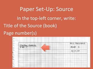 Paper Set-Up: Source In the top-left corner, write: Title of the Source (book) Page number(s) 