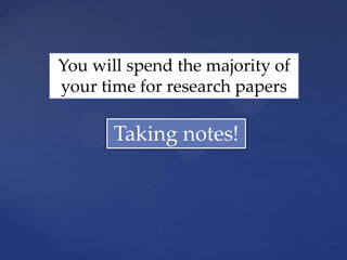 You will spend the majority of
your time for research papers

       Taking notes!
 