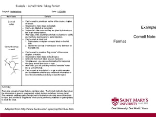 Example
Cornell Note-
Format
Adapted from http://www.bucks.edu/~specpop/Cornl-ex.htm
 