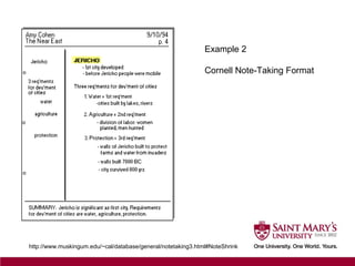 Example 2
Cornell Note-Taking Format
http://www.muskingum.edu/~cal/database/general/notetaking3.html#NoteShrink
 