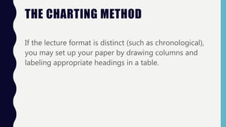 THE CHARTING METHOD
If the lecture format is distinct (such as chronological),
you may set up your paper by drawing columns and
labeling appropriate headings in a table.
 
