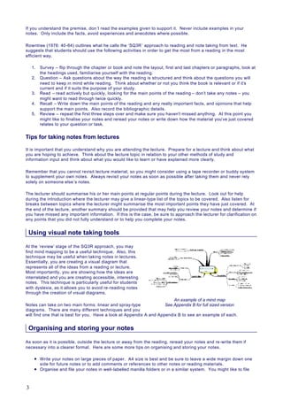 If you understand the premise, don’t read the examples given to support it. Never include examples in your
notes. Only include the facts, avoid experiences and anecdotes where possible.
Rowntree (1976: 40-64) outlines what he calls the ‘SQ3R’ approach to reading and note taking from text. He
suggests that students should use the following activities in order to get the most from a reading in the most
efficient way.
1. Survey – flip through the chapter or book and note the layout, first and last chapters or paragraphs, look at
the headings used, familiarise yourself with the reading.
2. Question – Ask questions about the way the reading is structured and think about the questions you will
need to keep in mind while reading. Think about whether or not you think the book is relevant or if it’s
current and if it suits the purpose of your study.
3. Read – read actively but quickly, looking for the main points of the reading – don’t take any notes – you
might want to read through twice quickly.
4. Recall – Write down the main points of the reading and any really important facts, and opinions that help
support the main points. Also record the bibliographic details.
5. Review – repeat the first three steps over and make sure you haven’t missed anything. At this point you
might like to finalise your notes and reread your notes or write down how the material you’ve just covered
relates to your question or task.
Tips for taking notes from lectures
It is important that you understand why you are attending the lecture. Prepare for a lecture and think about what
you are hoping to achieve. Think about the lecture topic in relation to your other methods of study and
information input and think about what you would like to learn or have explained more clearly.
Remember that you cannot revisit lecture material, so you might consider using a tape recorder or buddy system
to supplement your own notes. Always revisit your notes as soon as possible after taking them and never rely
solely on someone else’s notes.
The lecturer should summarise his or her main points at regular points during the lecture. Look out for help
during the introduction where the lecturer may give a linear-type list of the topics to be covered. Also listen for
breaks between topics where the lecturer might summarise the most important points they have just covered. At
the end of the lecture, another summary should be provided that may help you review your notes and determine if
you have missed any important information. If this is the case, be sure to approach the lecturer for clarification on
any points that you did not fully understand or to help you complete your notes.
Using visual note taking tools
At the ‘review’ stage of the SQ3R approach, you may
find mind mapping to be a useful technique. Also, this
technique may be useful when taking notes in lectures.
Essentially, you are creating a visual diagram that
represents all of the ideas from a reading or lecture.
Most importantly, you are showing how the ideas are
interrelated and you are creating accessible, interesting
notes. This technique is particularly useful for students
with dyslexia, as it allows you to avoid re-reading notes
through the creation of visual diagrams.
Notes can take on two main forms: linear and spray-type
diagrams. There are many different techniques and you
will find one that is best for you. Have a look at Appendix A and Appendix B to see an example of each.
Organising and storing your notes
As soon as it is possible, outside the lecture or away from the reading, reread your notes and re-write them if
necessary into a clearer format. Here are some more tips on organising and storing your notes.
l Write your notes on large pieces of paper. A4 size is best and be sure to leave a wide margin down one
side for future notes or to add comments or references to other notes or reading materials.
l Organise and file your notes in well-labelled manilla folders or in a similar system. You might like to file
An example of a mind map
See Appendix B for full sized version
3
 