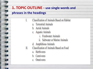 1. TOPIC OUTLINE - use single words and
phrases in the headings
 
