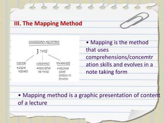 III. The Mapping Method
• Mapping is the method
that uses
comprehensions/concemtr
ation skills and evolves in a
note taking form
• Mapping method is a graphic presentation of content
of a lecture
 