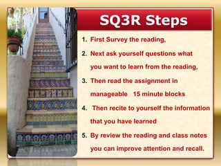 SQ3R Steps
1. First Survey the reading,
2. Next ask yourself questions what
you want to learn from the reading,
3. Then read the assignment in
manageable 15 minute blocks
4. Then recite to yourself the information
that you have learned
5. By review the reading and class notes
you can improve attention and recall.
 